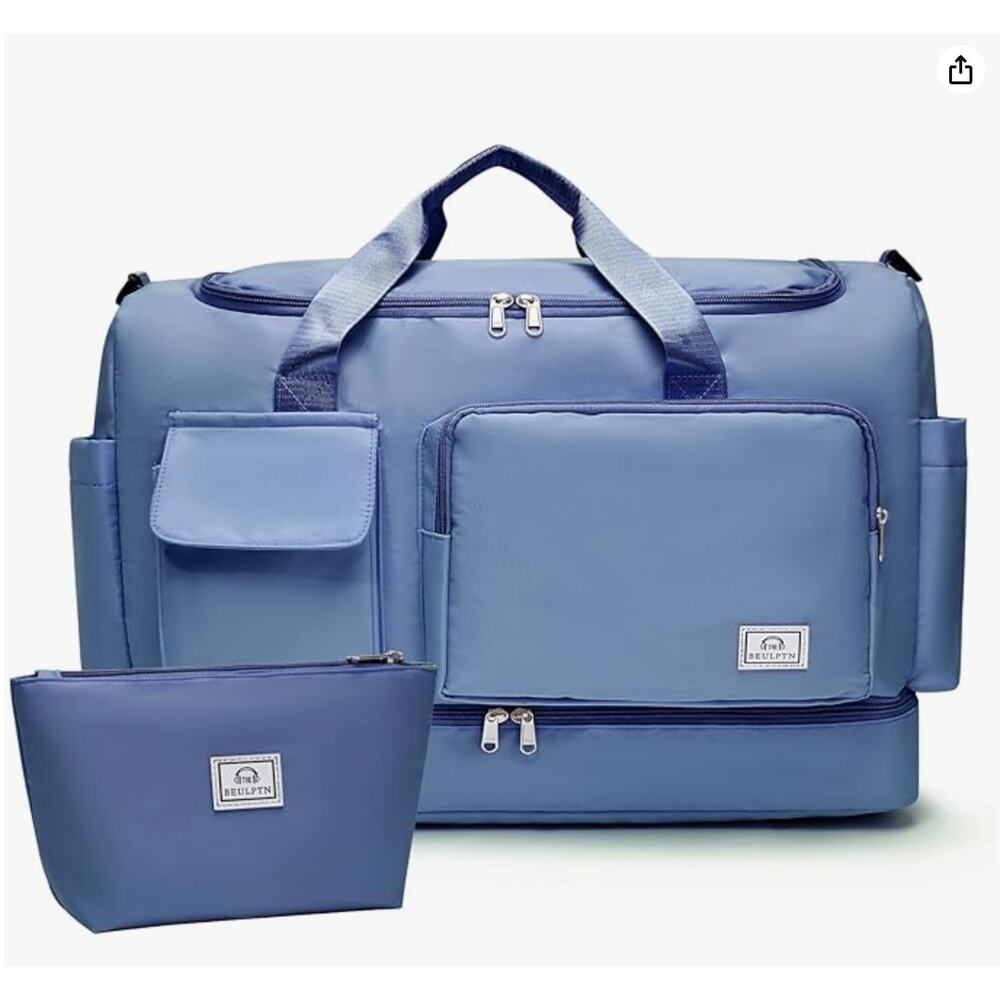 Travel Duffle Bag, Small Weekender, Gym Bag fwith Shoe Compartment or Women-Blue